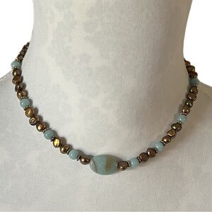 Boho Beaded Necklace with Blue Gemstone Beads & Bronze Pearls